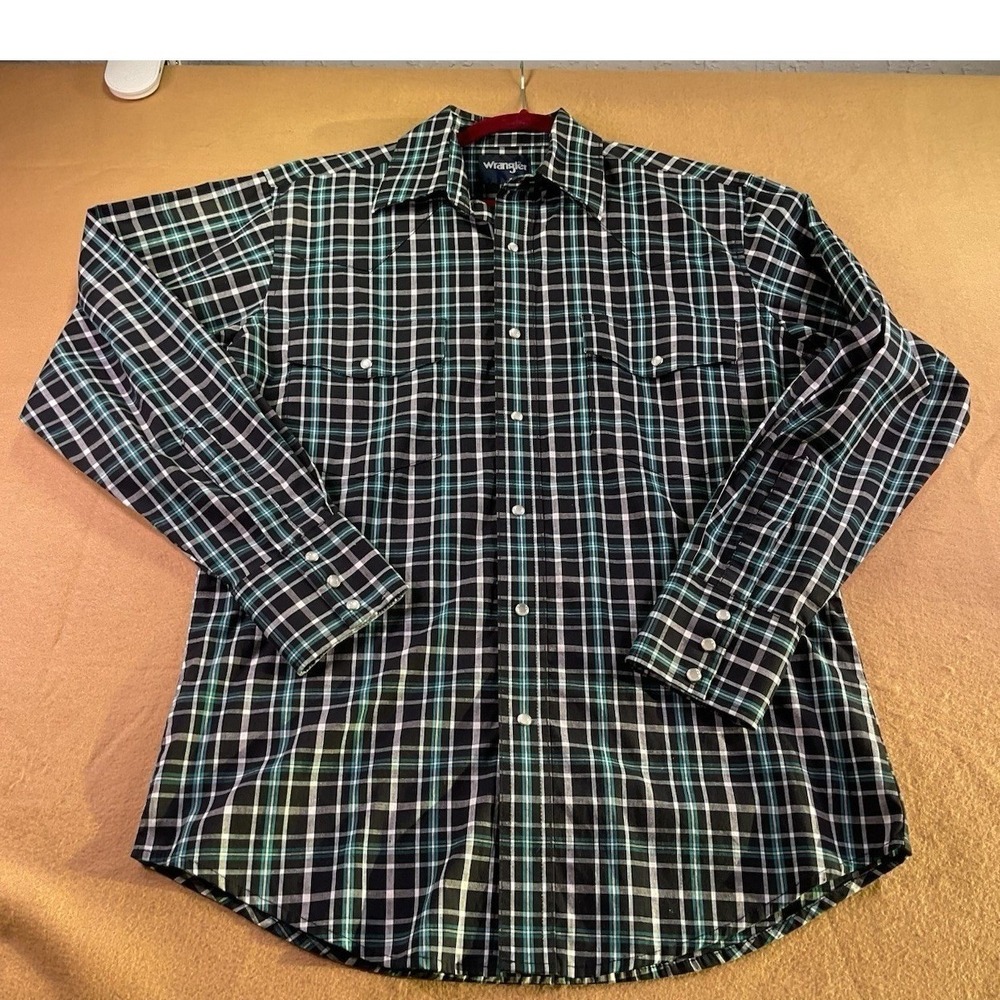 Wrangler Mens Western Snap Shirt Plaid Black Teal Long Sleeve Medium